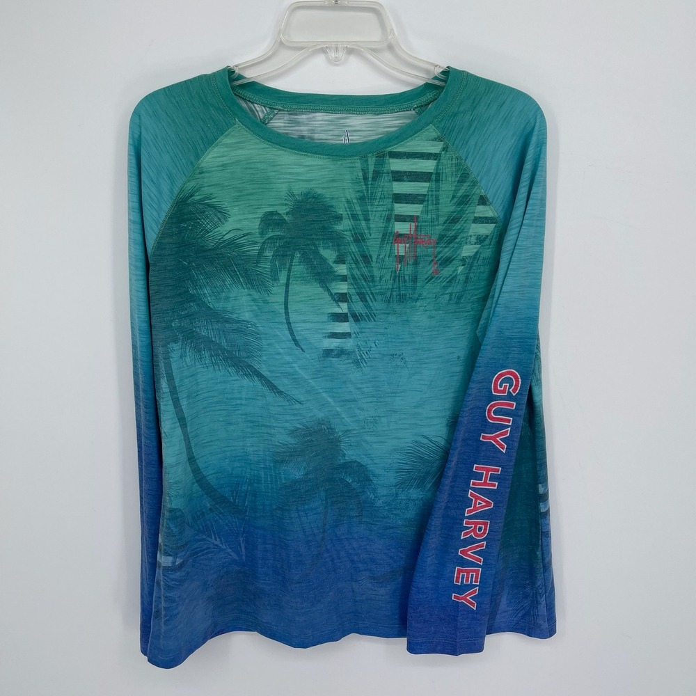 Guy Harvey Women's Blue Ombre Palm Tree Graphic Long Sleeve Tee T-Shirt Size L